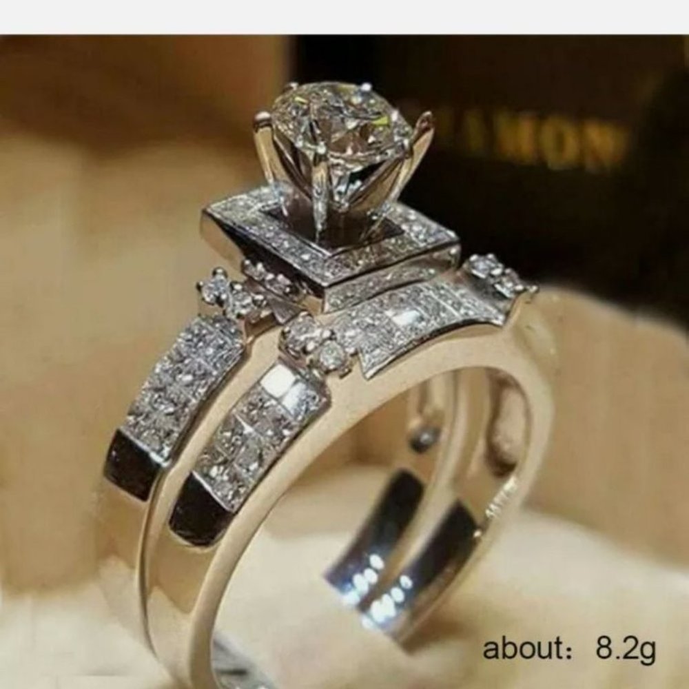 New 2 pc Set  925 Silver  Princess  Diamond Ring